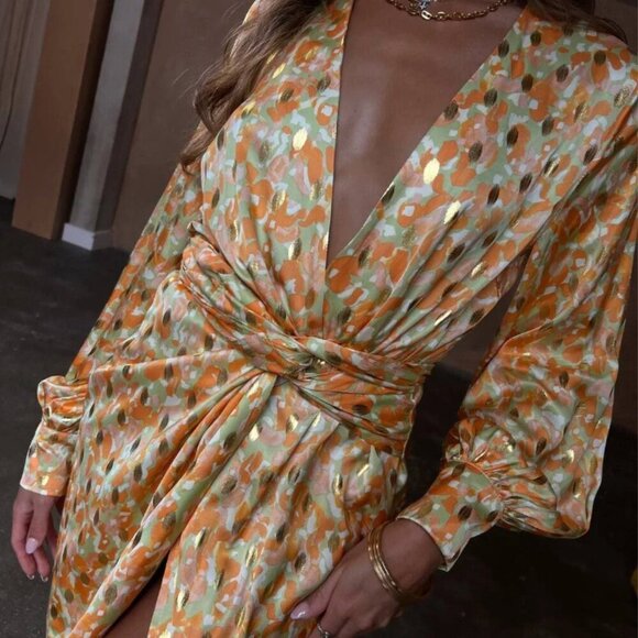 Never Fully Dressed Satin Wrap Vienna Midi Dress In Pastel Gold Mix Size US 8 - Picture 10 of 13